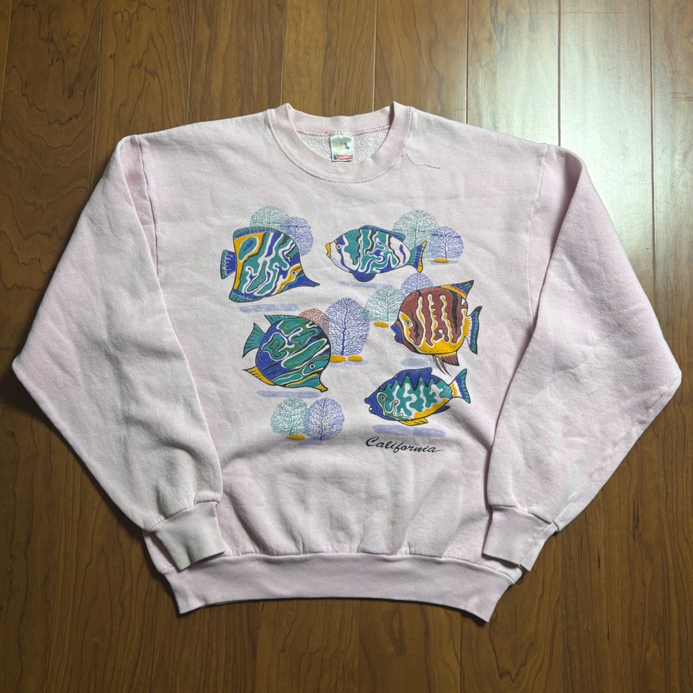 Vintage Fruit of the Loom California Tropical Fish Sweatshirt Pink Large